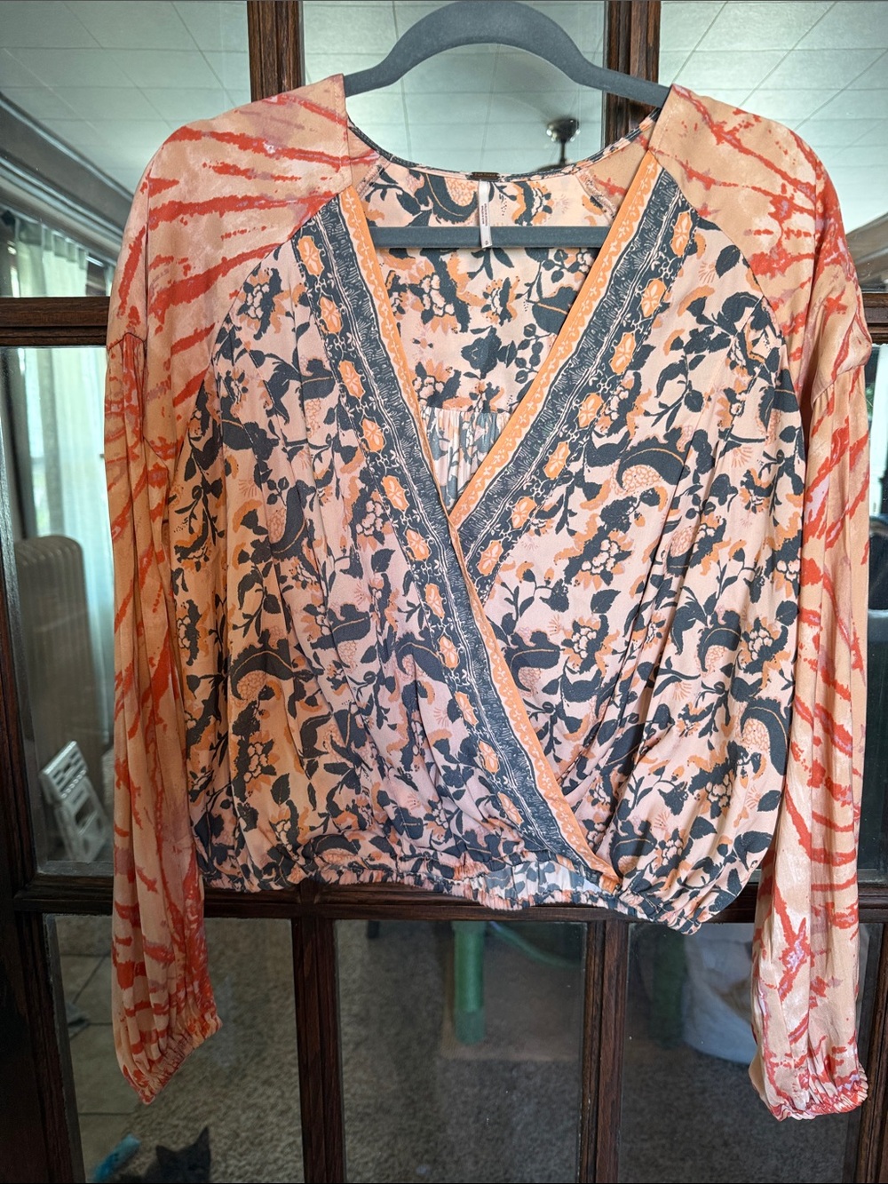 Free People Mixed Floral Tie Dye Surplice Wrap Blouse Orange Peach Small